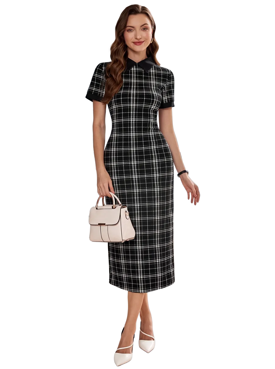 Dress — Ozeira City Sleek Check Midi Dress – Power Style, Tailored to Impress